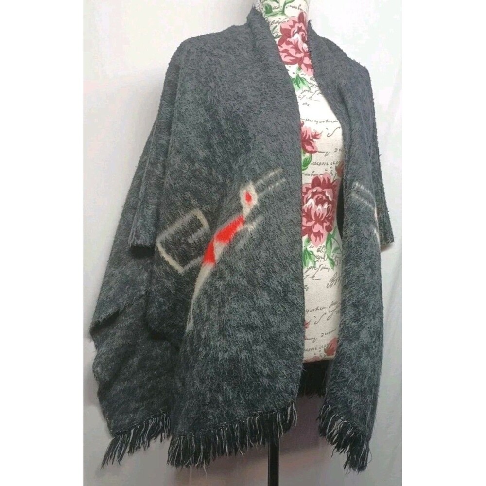 Womens Black XL Thunderbird Poncho Cardigan Western Shawl Aztec Tribal Cabin